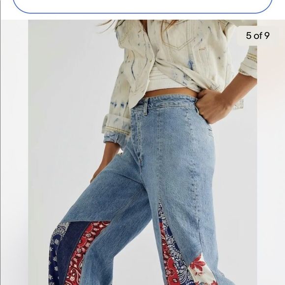 Free People Cortez Pierced Wide Leg Jean Mixed Floral Bandana Plaid Print - Picture 5 of 10